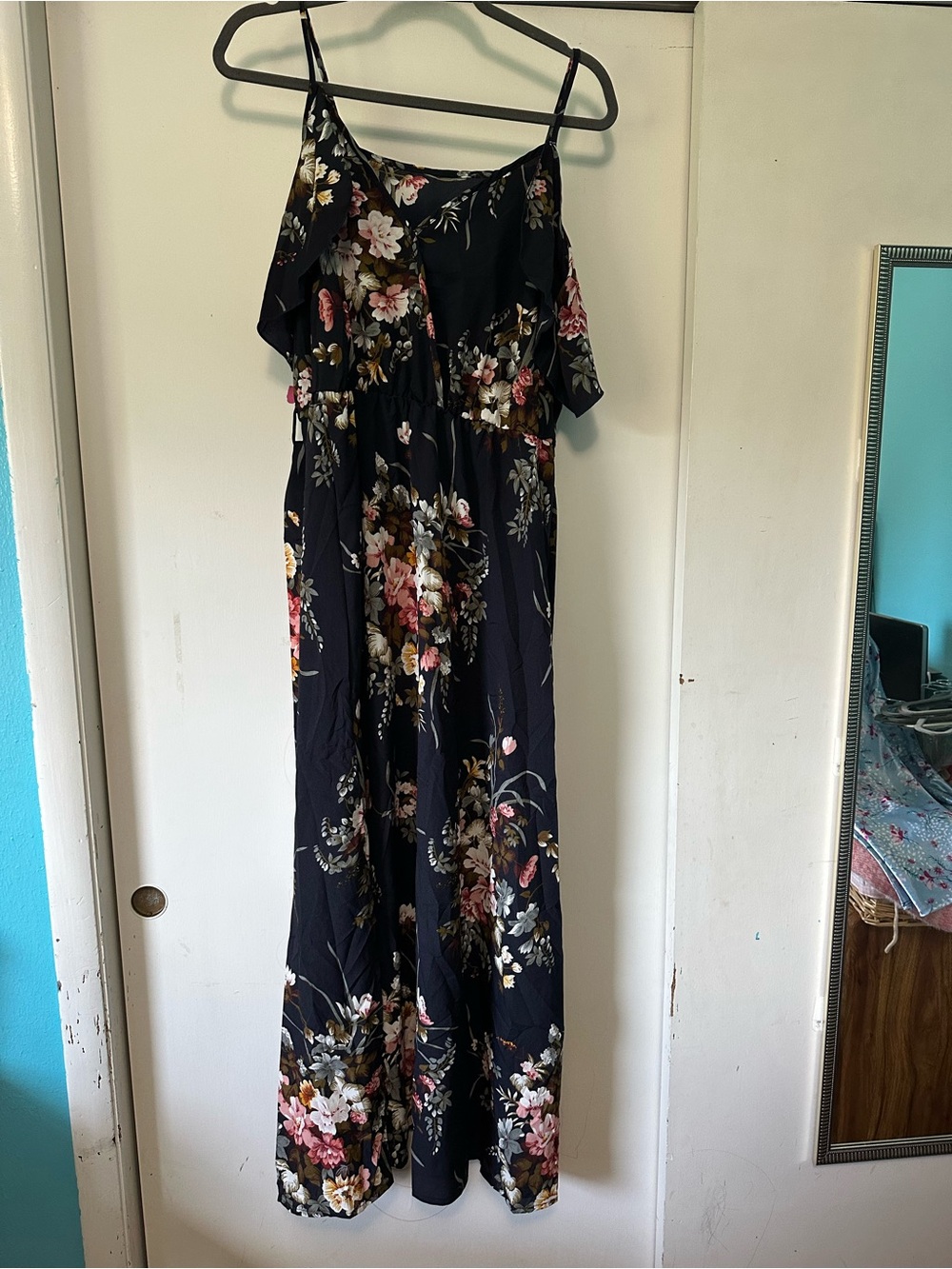 Floral Blue Cold-Shoulder Maxi Dress